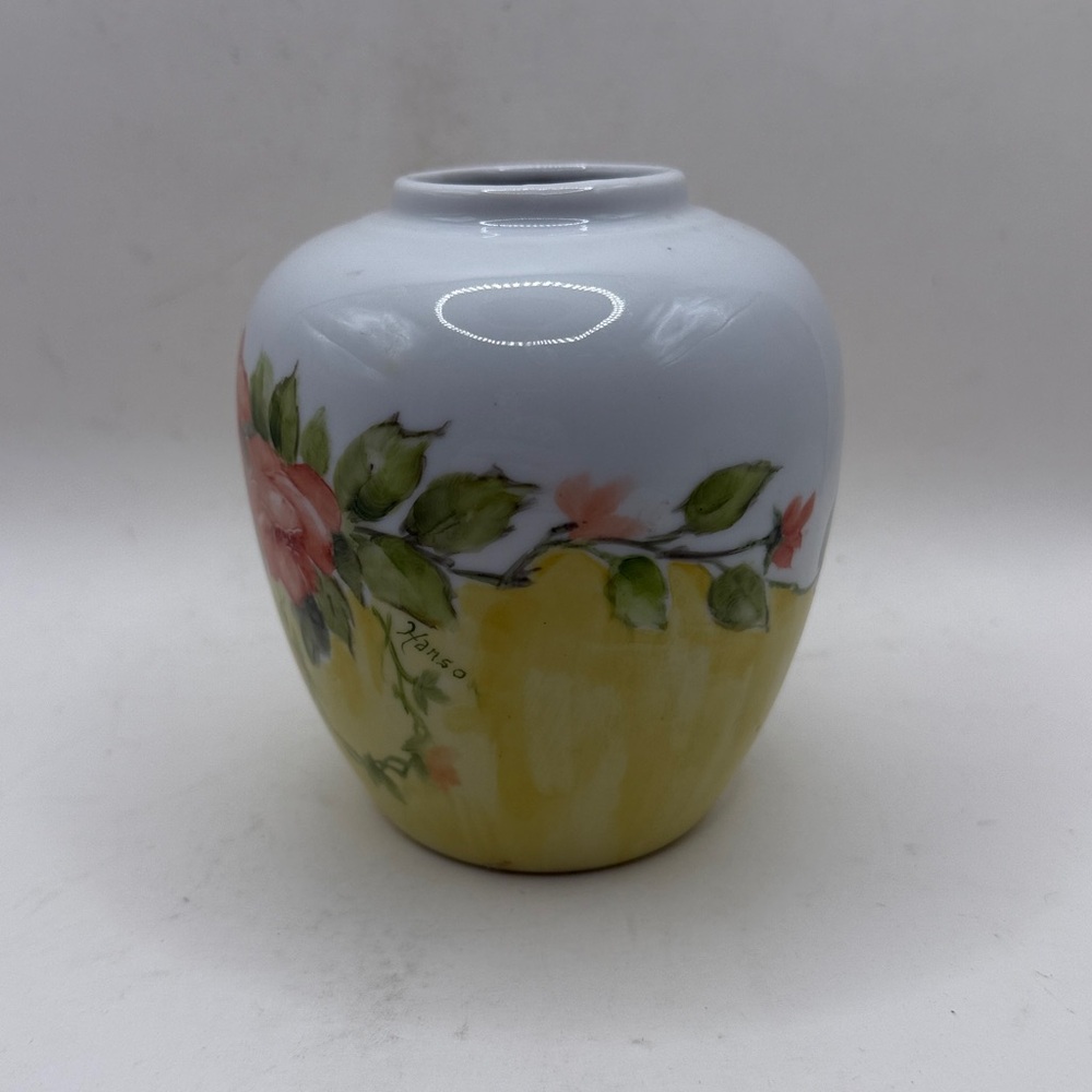Vtg Hanso Painted Floral Porcelain Vase Flowers Yellow Bud Vase Cottage Decor - Picture 3 of 13